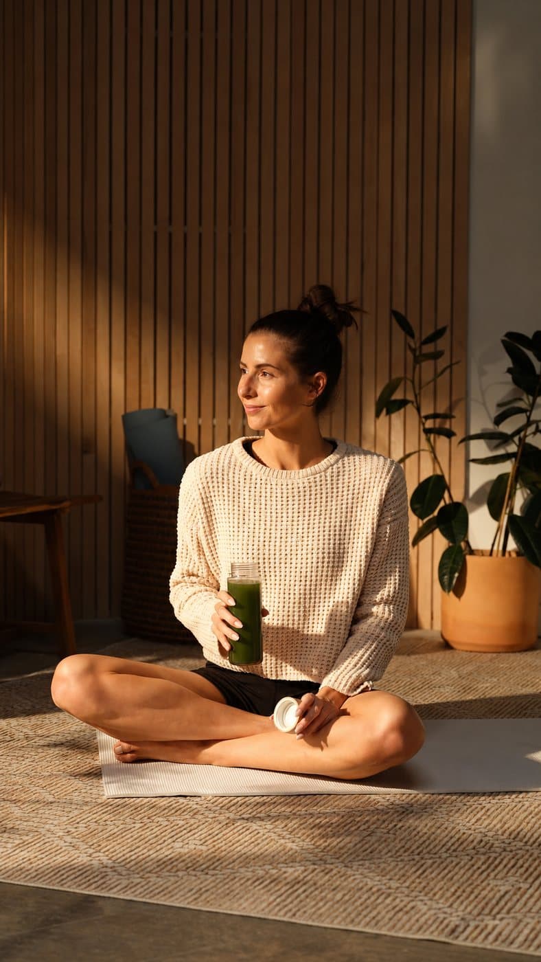 A woman relaxing at home with a Rooted wellness drink